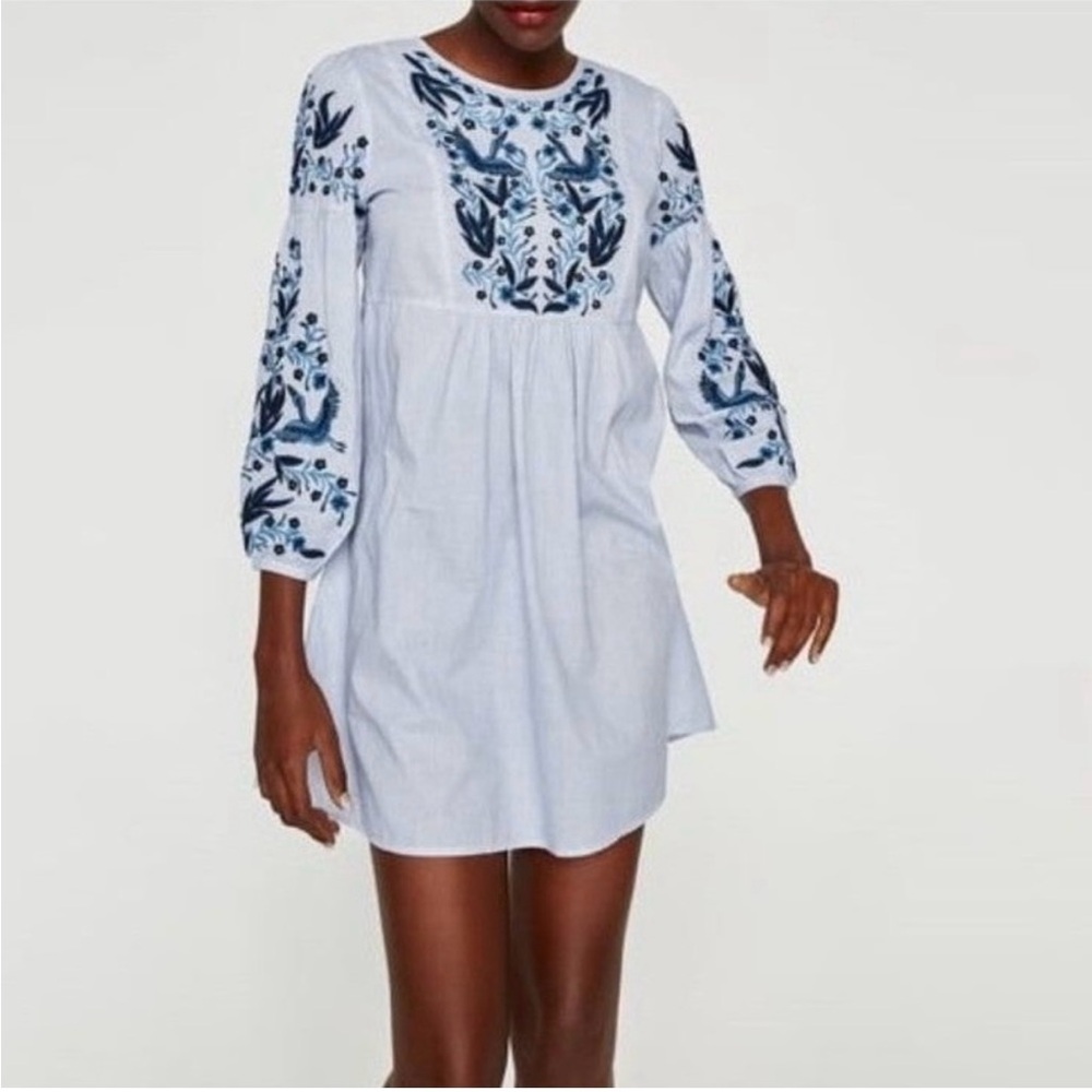 Zara Long Sleeve Embroidered Blue and White Stripe Mini Dress